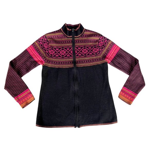 VTG Obermeyer Woman's Sz L Full Zip Black Pink Yellow Fair Isle Cardigan Sweater - Picture 11 of 11
